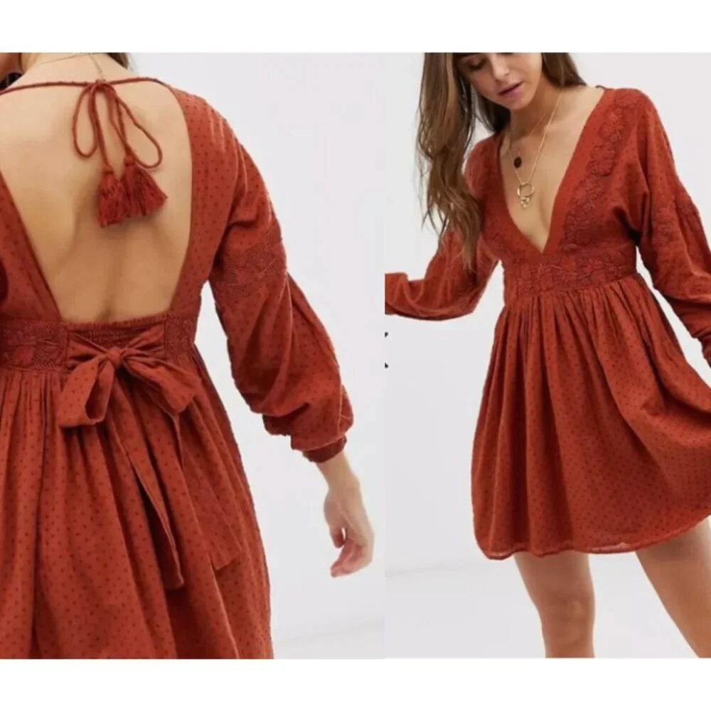 Free People Cinnamon Sugarpie‎ Plunge Mini Dress – Size Small, EUC